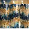 Three Tall Tumblers With Gold, Blue, And Beige Abstract Designs And Clear Straws.