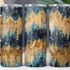 Three Tumblers With An Abstract Design Featuring Teal, Gold, And Dark Blue Paint Strokes And Gold Glitter.
