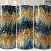 Three Tall Tumblers With Lids And Straws, Featuring An Abstract Design Of Blue, Gold, And Tan Brushstrokes And Glitter.