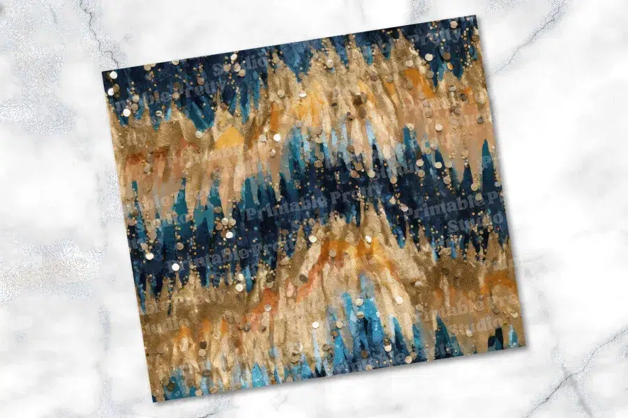 Abstract Art Featuring Teal, Gold, And Beige Brushstrokes Interspersed With Gold Glitter.