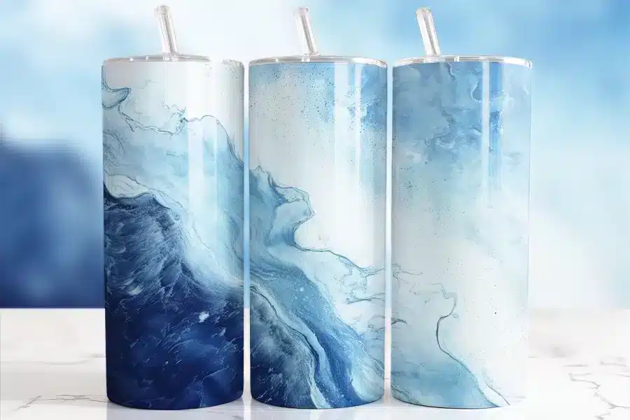 Abstract Blue White Swirl Ocean Tumbler Wrap - digital download design with mockup for 20oz skinny tumblers