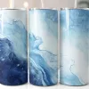 Three Tall Tumblers With Blue Marble Designs And Straws.