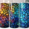 Three Stainless Steel Tumblers With Colorful, Stained-Glass Style Designs.