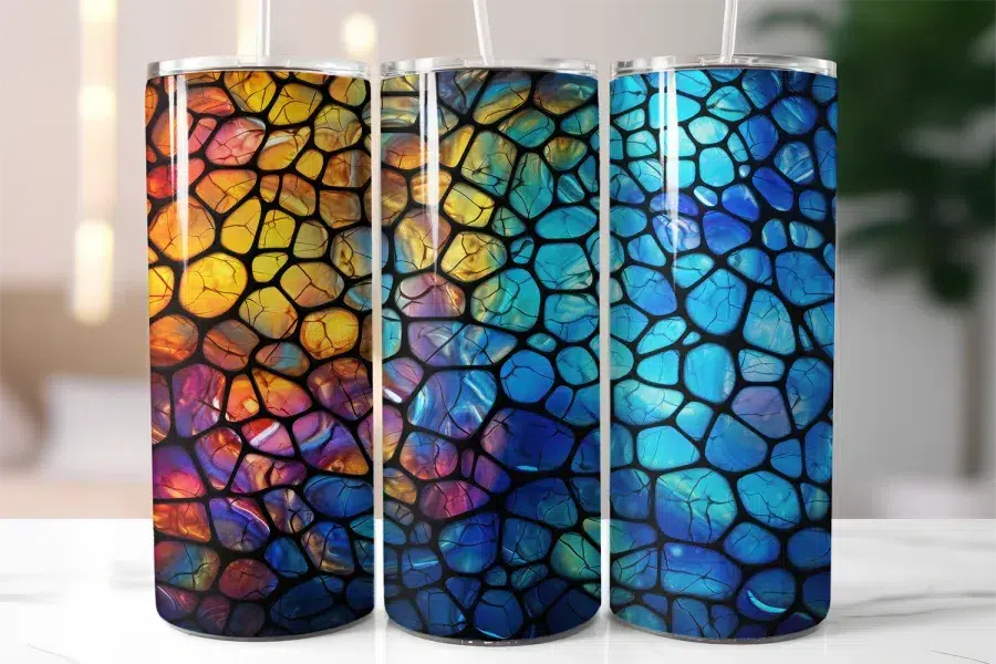 Three Stainless Steel Tumblers With Colorful, Stained-Glass Style Designs.
