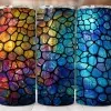 Three Colorful Tumblers With A Stained-Glass Mosaic Design.