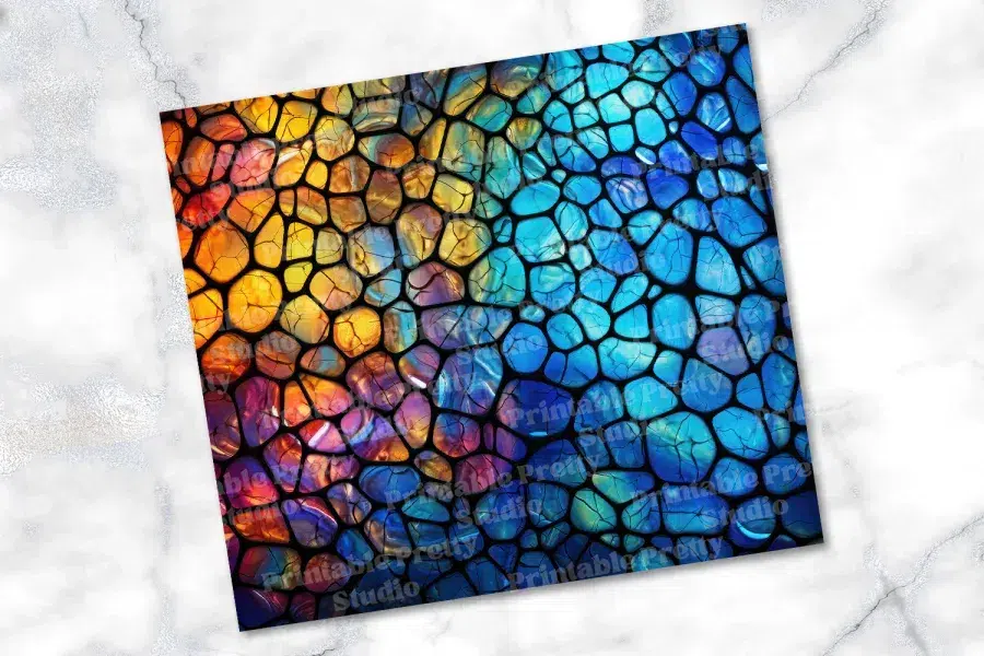 Abstract Image Of Colorful, Cracked Stone Or Glass Mosaic In Shades Of Blue, Orange, And Purple.