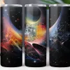 Three Tall Tumblers With An Abstract Space Design Featuring Swirling Nebulae In Shades Of Orange, Pink, And Blue Against A Dark Background.
