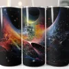 Three Stainless Steel Tumblers With Colorful Abstract Space Designs.