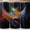 Three Tumblers With An Abstract Space Design Featuring Swirling Nebulae In Shades Of Red, Orange, And Blue Against A Dark Background.