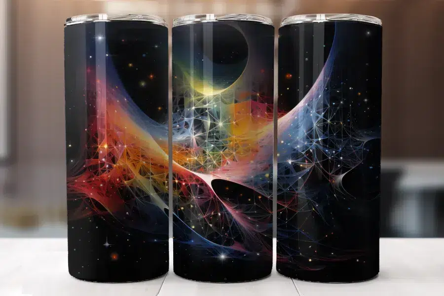 Three Tumblers With An Abstract Space Design Featuring Swirling Nebulae In Shades Of Red, Orange, And Blue Against A Dark Background.