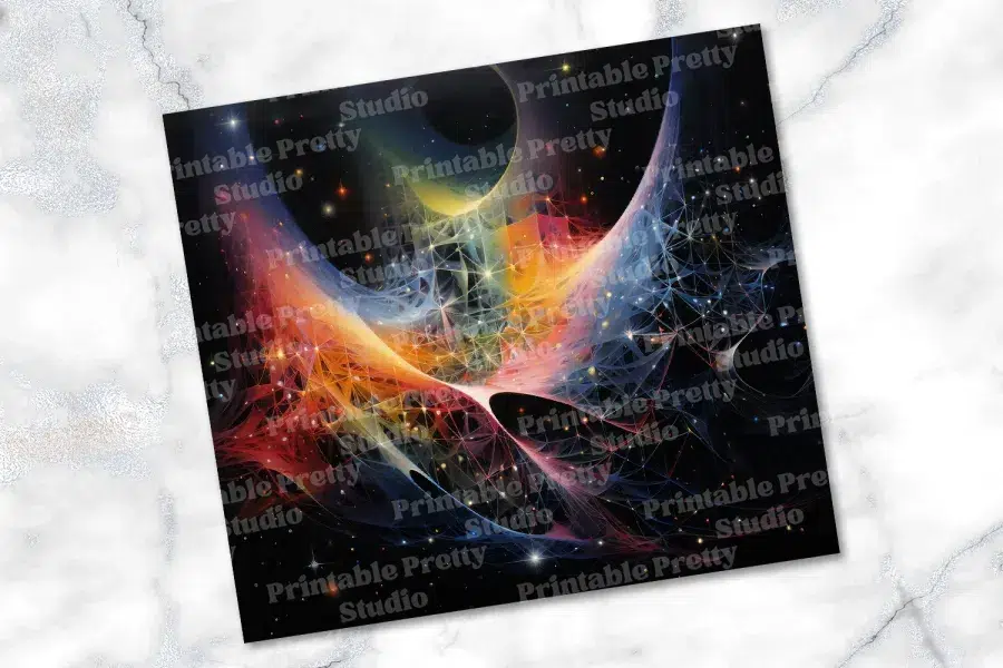 Abstract Art Depicting A Cosmic Scene With Swirling Nebulae In Shades Of Orange, Red, And Blue Against A Dark Background.