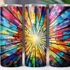Three Colorful Tumblers With A Stained-Glass Style Radiating Design.