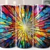 Three Stainless Steel Tumblers With Colorful, Stained-Glass-Style Designs Radiating From A Central Point.