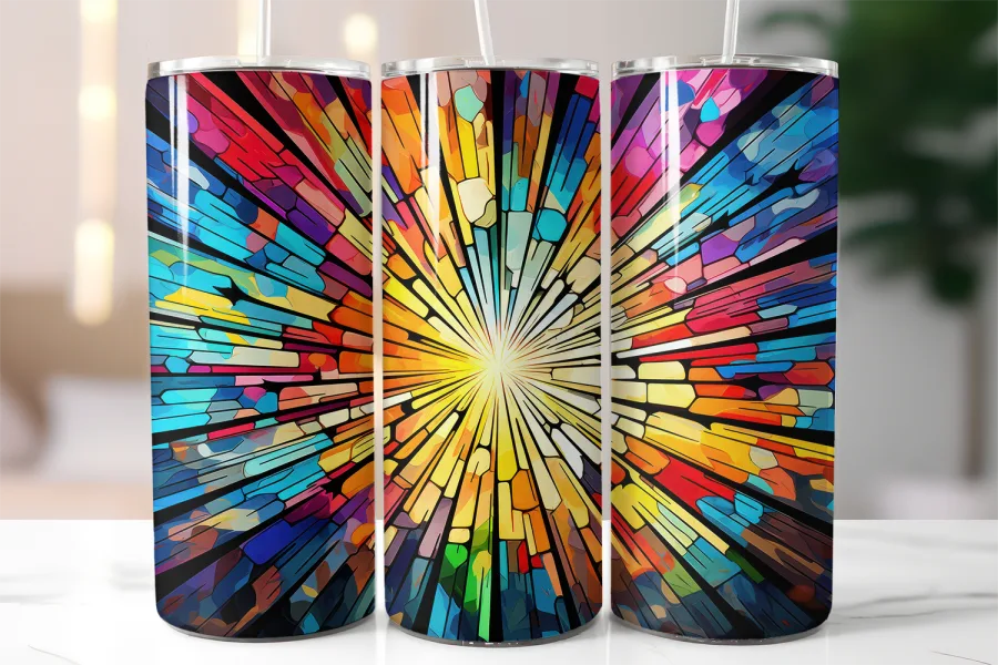 Three Stainless Steel Tumblers With Colorful, Stained-Glass-Style Designs Radiating From A Central Point.