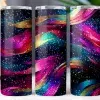 Three Tumblers With A Dark Background And Colorful, Glittering, Wavy Designs.