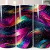 Three Stainless Steel Tumblers With A Dark Background And Colorful Glitter Wave Design.
