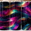 Three Stainless Steel Tumblers With A Colorful Abstract Design Featuring Wavy Lines And Glitter.