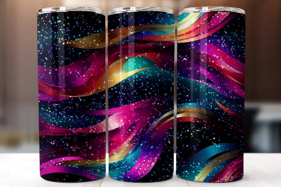 Three Stainless Steel Tumblers With A Colorful Abstract Design Featuring Wavy Lines And Glitter.