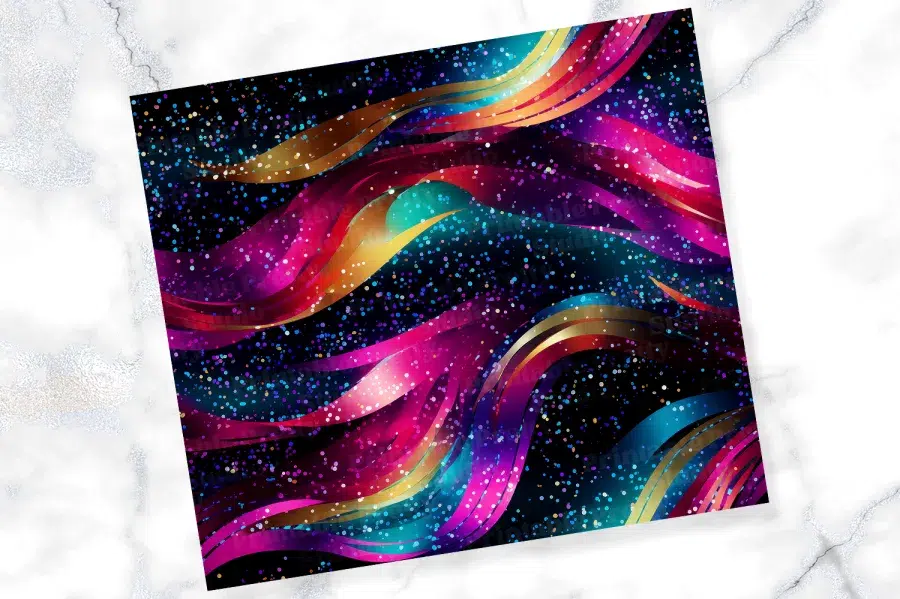 Abstract Image Of Colorful, Wavy Lines And Glitter On A Dark Background.