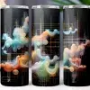 Three Black Tumblers With A Colorful Abstract Design Featuring Flowing Lines And Translucent Orbs.