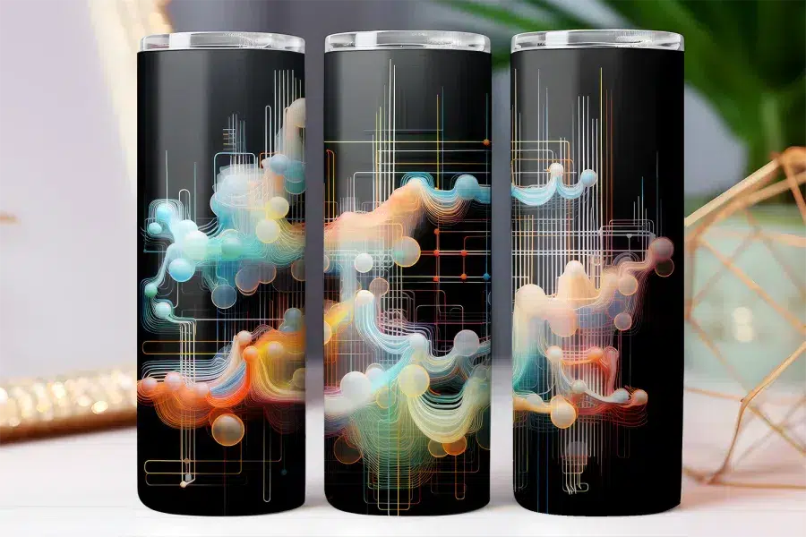 Three black tumblers with a colorful abstract design featuring flowing lines and translucent orbs.