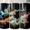 Three Stainless Steel Tumblers With Lids And Straws, Featuring An Abstract Design Of Colorful Flowing Shapes And Lines On A Black Background.