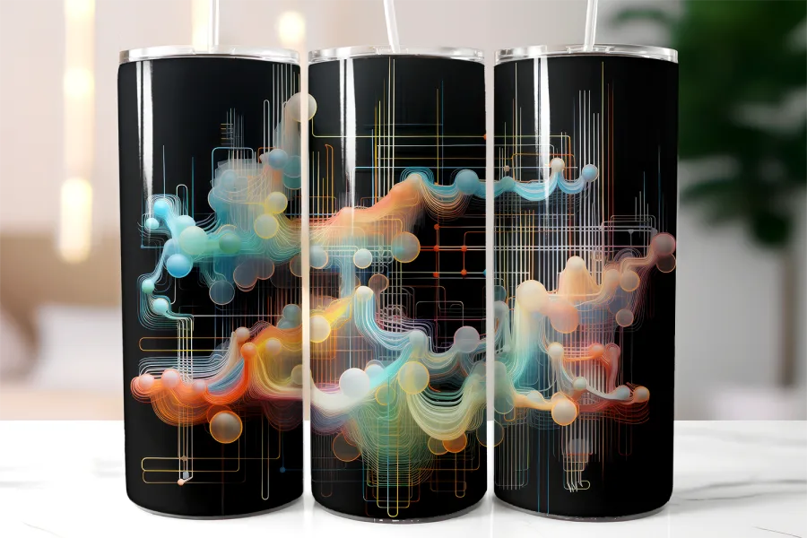 Three Stainless Steel Tumblers With Lids And Straws, Featuring An Abstract Design Of Colorful Flowing Shapes And Lines On A Black Background.