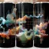 Three Black Tumblers With An Abstract Design Featuring Flowing Pastel Lines And Circles On A Dark Background.