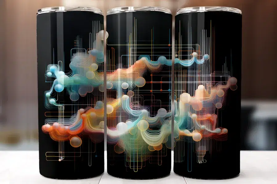 Three Black Tumblers With An Abstract Design Featuring Flowing Pastel Lines And Circles On A Dark Background.