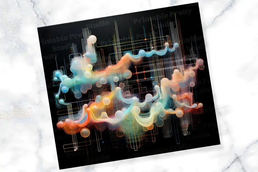 Abstract Artwork Featuring Flowing Pastel-Colored Lines And Translucent Spheres On A Black Background.