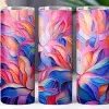 Three Colorful Tumblers With An Abstract Floral Design In Shades Of Pink, Blue, And Orange.