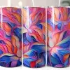 Three Stainless Steel Tumblers With Colorful Abstract Floral Designs.