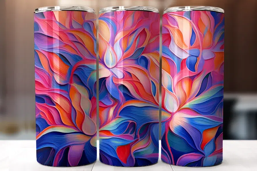 Three Colorful, Abstract Floral Tumblers.