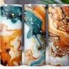 Three Tumblers With An Abstract Marble Design In Teal, Orange, And Gold.