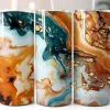 Three Tall Tumblers With Abstract Marble Designs In Teal, Orange, And Gold.
