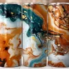 Three Tumblers With An Abstract Design Featuring Teal, Orange, And Gold Marble Swirls.