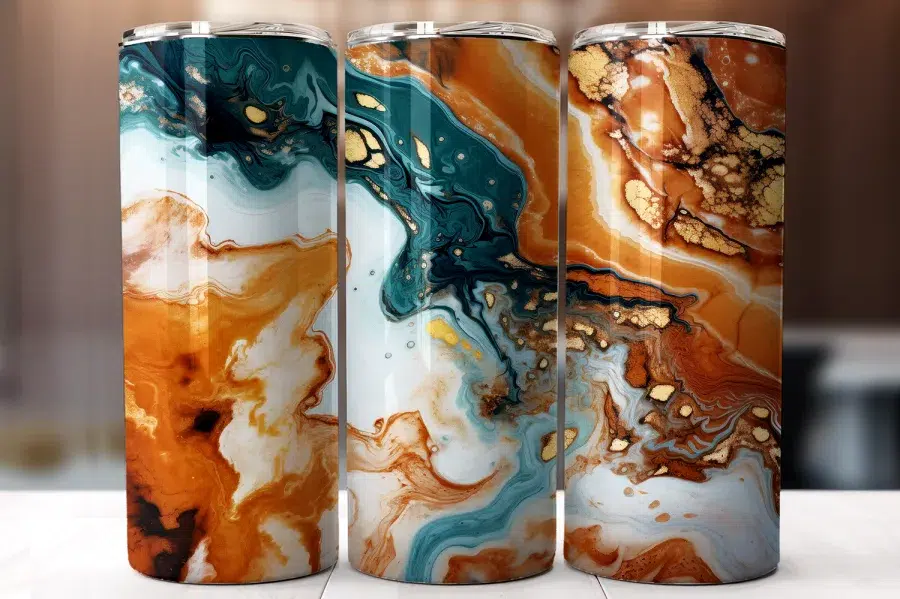 Three Tumblers With An Abstract Design Featuring Teal, Orange, And Gold Marble Swirls.