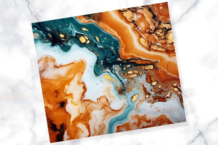 Abstract Painting In Teal, Orange, And Gold.