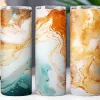 Three Tall Tumblers With Abstract Marble Designs In Teal, Orange, And Gold.