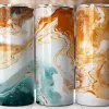 Three Tall Tumblers With An Abstract Marble Design In Shades Of Teal, Gold, And White.
