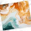 Abstract Painting In Teal, Orange, And White With A Flowing, Marbled Effect.