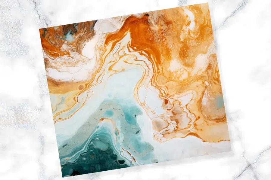 Abstract Painting In Teal, Orange, And White With A Flowing, Marbled Effect.