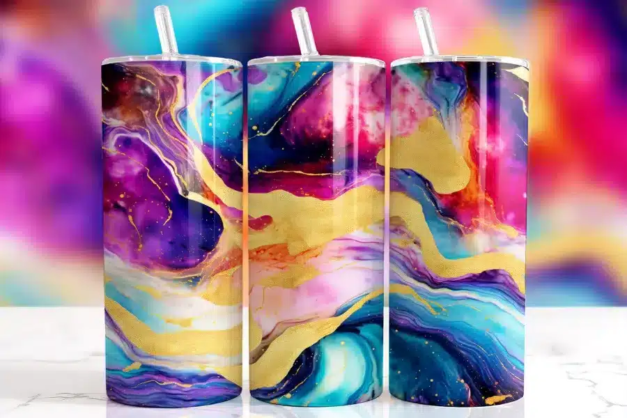 Colorful Galaxy Marble Tumbler Wrap - digital download PNG design with vibrant abstract swirls and gold accents