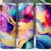 Three Tumblers With An Abstract Design Featuring Swirling Colors Of Purple, Pink, Blue, And Gold.