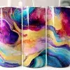 Three Tall Tumblers With Vibrant Abstract Designs Featuring Swirling Purples, Pinks, Blues, And Gold Accents.