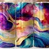 Three Colorful Tumblers With An Abstract Design Featuring Swirling Shades Of Purple, Pink, Blue, And Teal, Accented With Gold.