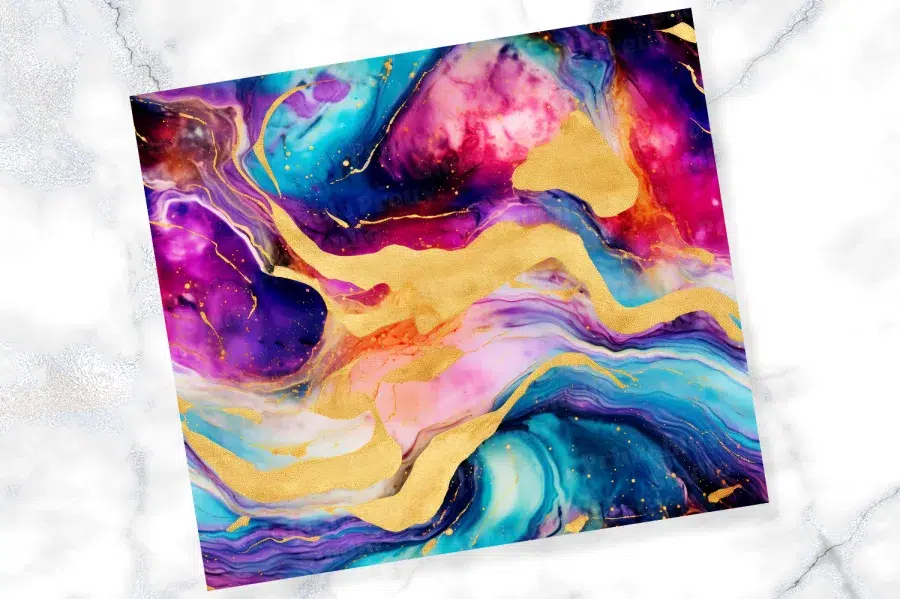 Abstract Painting In Vibrant Blues, Purples, Pinks, And Gold.