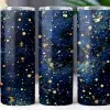 Three Dark Blue Tumblers With A Gold Speckled Design.