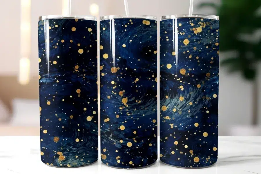 Three Navy Blue Tumblers With Gold Speckles.