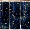 Three Navy Blue Tumblers With A Gold Speckled Design.